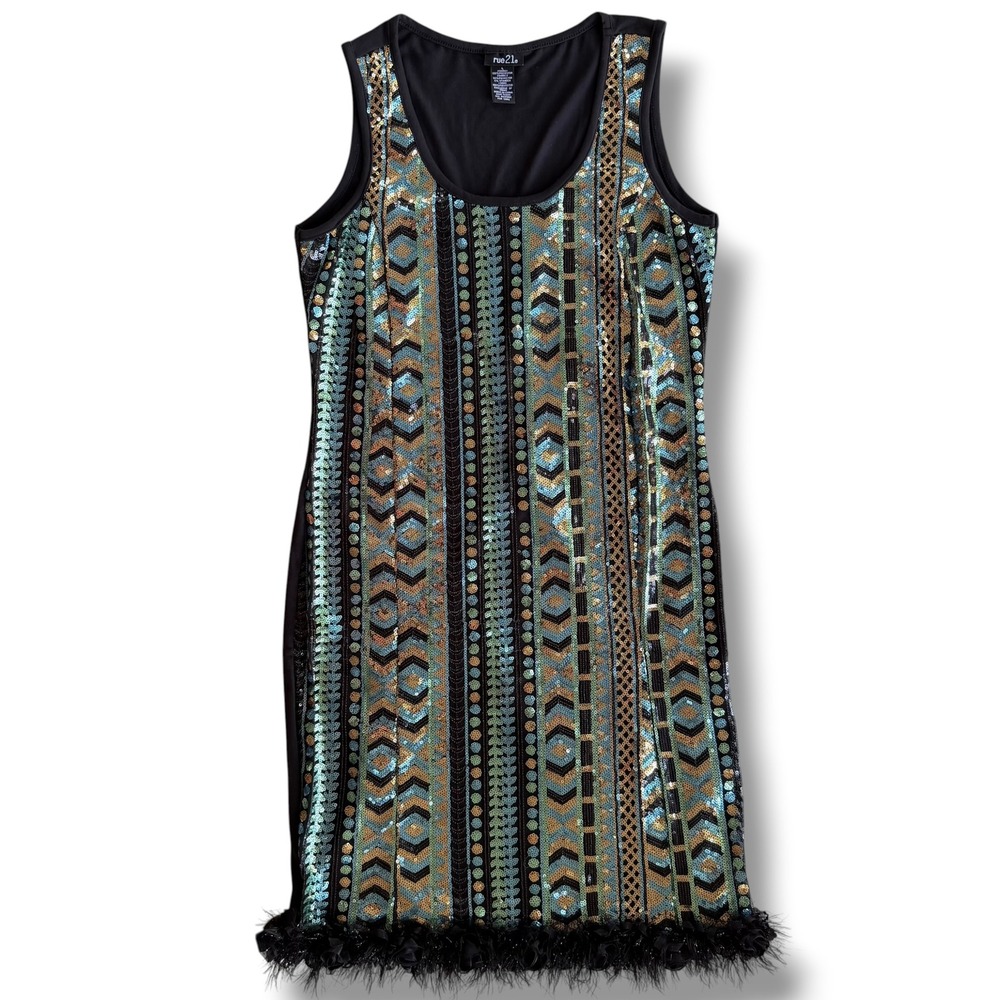 rue21 Sz. L Turquoise Gold Black Aztec Sequin Feather Trim Mini Dress  Y2K Party